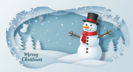 Christmas Papercut Illustration Of A Smiling Snowman With Scenery And Snowy Winter Background