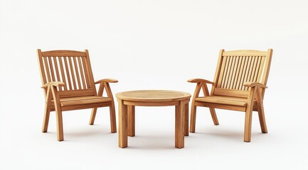 Two light-brown wooden chairs and a round table, isolated on white background