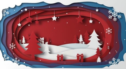 Christmas Papercut Winter Scene With Red Blue White Snow Background