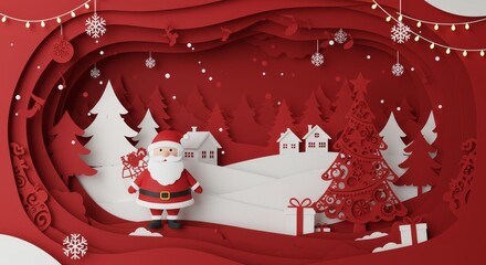 Christmas Pixel Art Illustration Of Santa Claus In Red And White Landscape