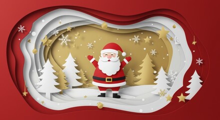 Christmas Santa Claus Paper Cut Illustration with Festive Holiday Theme