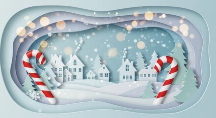Christmas Winter Paper Cut Illustration Scene with Snowfall and Candy Canes