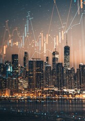 City Skyline At Night With Financial Data Overlay A Photo Of The Urban Landscape