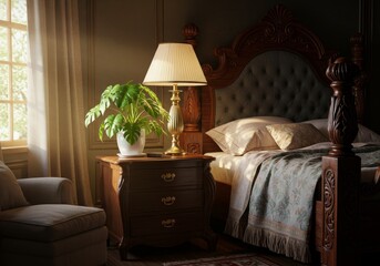 Classic Bedroom Interior 3D Rendered with Wooden Bed And Golden Lamp