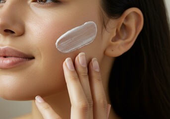 Close Up Photo Of A Woman Applying Cream On Her Face In A Spa