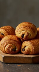 Close-Up Photo Of Golden Brown Chocolate Croissants On A Wooden Board