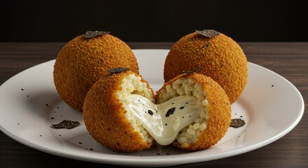 Close Up Photo of Golden Fried Arancini on White Plate with Cheese Filling