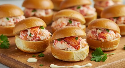 Close Up Photo Of Gourmet Lobster Rolls On A Wooden Board Photo