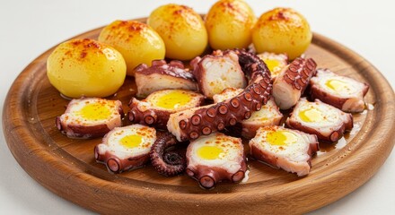 Close Up Photo Of Grilled Octopus Served With Potatoes On Wooden Board