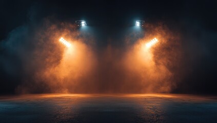 Empty stage lit by warm spotlights, smoky atmosphere