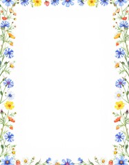 Floral border design with various wildflowers.  Colorful blossoms in a rectangular frame, perfect for a blank background
