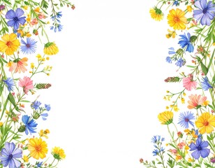 Obraz premium Watercolor floral border. Delicate arrangement of wildflowers