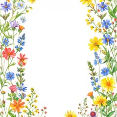 Obraz premium Delicate floral frame, vibrant wildflower border. A detailed watercolor illustration displays a colorful array of wildflowers, creating a frame around a white background. Colorful blossoms in shade