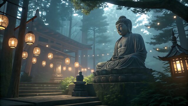 Gautam Buddha in Lantern Light on Full Moon Night, Buddha Statue in Forest Background for Buddh Purnima,