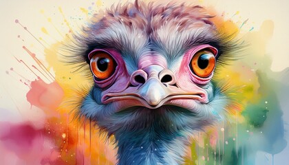 Obraz premium Neugieriger Strauß – Aquarell in lebhaften Pastelltönen