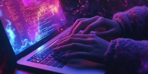 Close-up of hands typing on a laptop with vibrant coding display