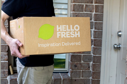 Sydney, Australia 2025-04-19 HelloFresh meal kits box delivery arriving at the front door.