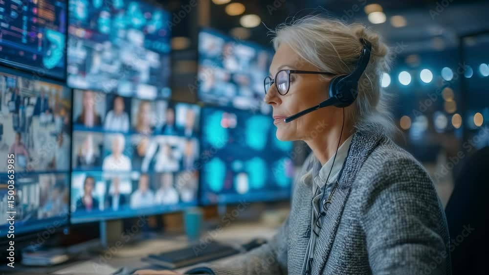 Poster experienced security operator adjusts her headset while attentively monitoring multiple screens in a