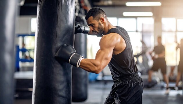 Boxer training gym heavy bag workout.