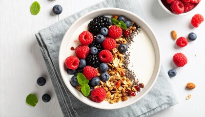 Yogurt bowl overflowing with fresh berries and granola