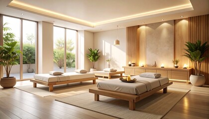 Fototapeta premium Serene spa massage beds amidst lush greenery