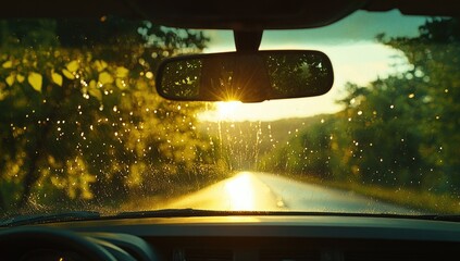 Sunset drive; raindrops on windshield