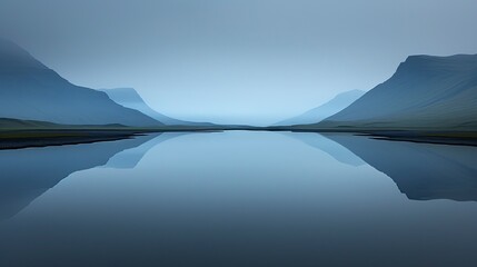 Misty mountain reflection on a calm lake