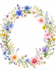 Obraz premium Vibrant floral wreath. A colorful circle of wildflowers, daisies, and other blossoms in shades of pink, blue, yellow, and white. Surrounding the center are various flowers and leaves