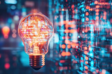 Illuminated lightbulb, digital code, futuristic
