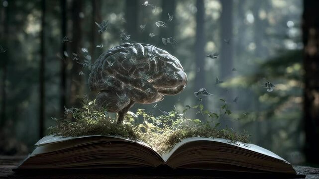 Glass brain growing from an open book in a magical forest with light rays and flying paper birds, symbolizing knowledge, imagination, and creativity