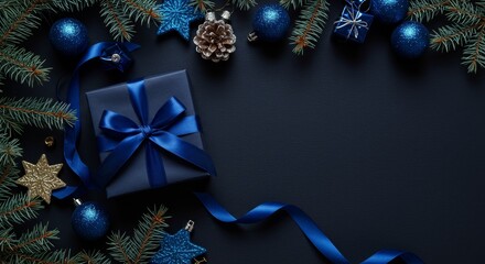 Festive Christmas Gift Box with Blue Ribbon Decoration on Dark Background