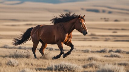 A wild mustang horse runs freely across the open plains, its mane flowing in the wind and muscles rippling with untamed energy, captured without any visible human presence.
