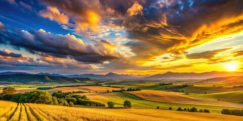 Obraz premium Majestic Expanse: Breathtaking Landscape Photography, Wide Angle View, Epic Panorama, Nature Scenery, Dramatic Sky, Golden Hour