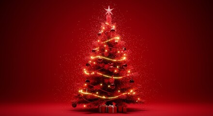 Festive Red Christmas Tree With Golden Lights Decorations On Red Background