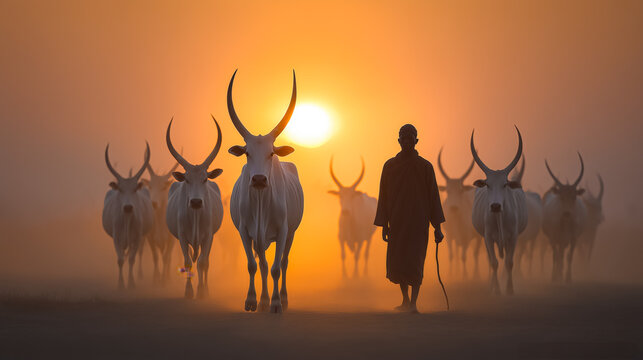 A tribesman stands among a herd of cattle in an open landscape. Generative AI.