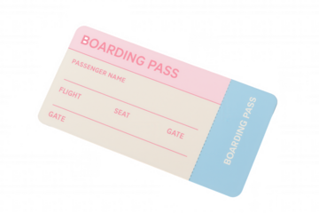 Pink and blue boarding pass with blank text fields on transparent background
