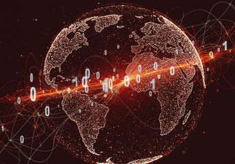Digital Globe Illustration with Data Stream and Binary Code in Orange Light