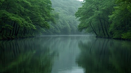 Obraz premium Misty riverbanks with lush green trees