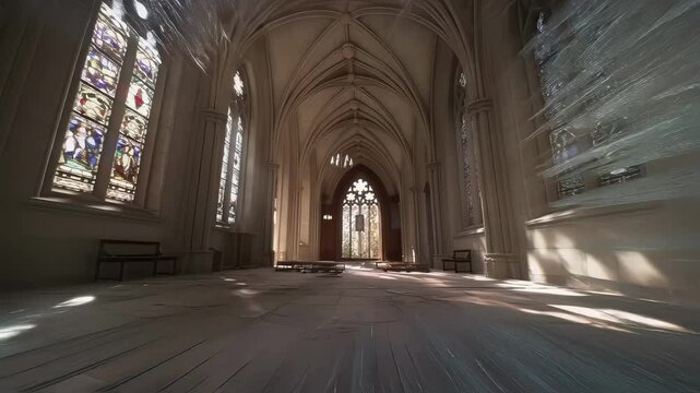 Glass is shattering inwards, creating a transition effect from an establishing shot of a cathedral interior to a close up on the entrance door