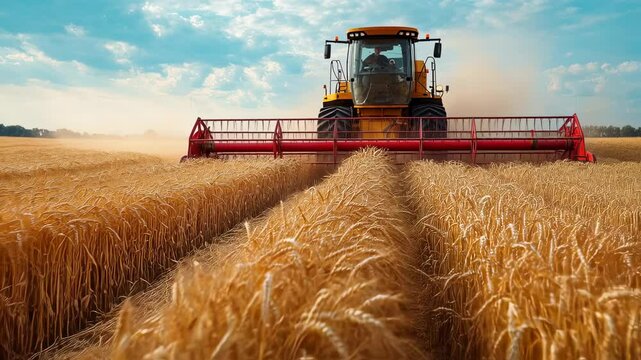 Golden wheat field being harvested by a combine harvester under blue sky