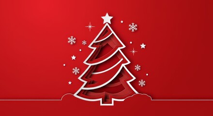 Illustration Of Christmas Tree In Paper Cut Style On Red Background