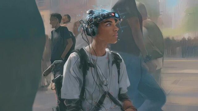 Disabled young man navigating urban environment using advanced brain computer interface, showcasing transformative potential of assistive technology for inclusive innovation