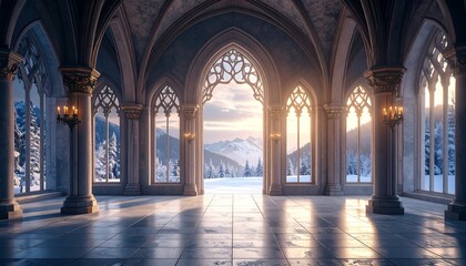 Obraz premium Gothic Hall Winter Sunrise View.