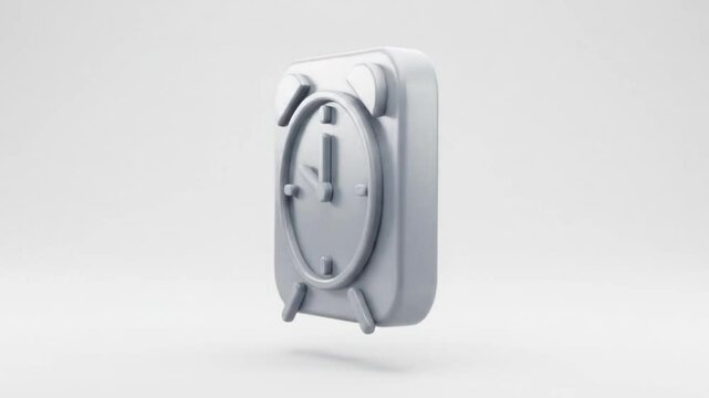 A gray alarm clock with a square body and a round face showing one o'clock on a white background studio shot