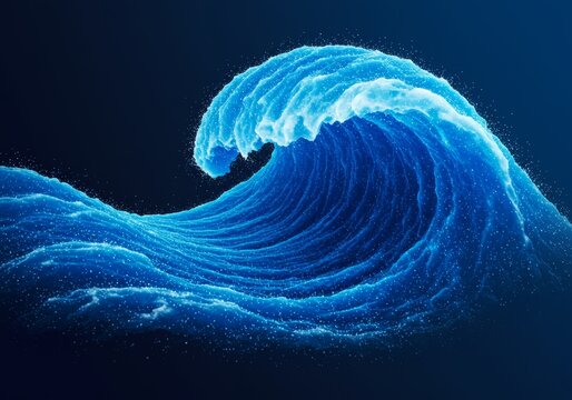 Dynamic Abstract Blue Wave Illustration with Sparkling Particles on Dark Background