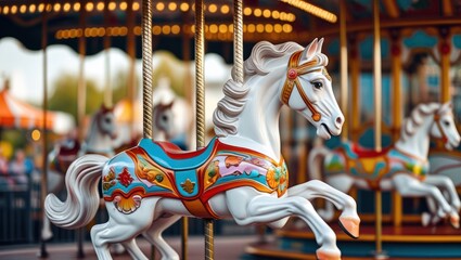 A beautifully carved carousel horse with vibrant colors and ornate details spins gracefully on a vintage carousel, set against a softly blurred amusement park background.
