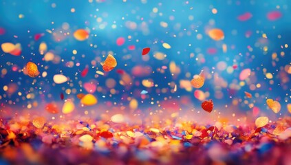 Colorful confetti, petals, falling from sky. Vibrant, abstract background