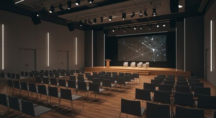 Naklejka premium Empty Auditorium Interior with Stage and Seating Conference Event Space
