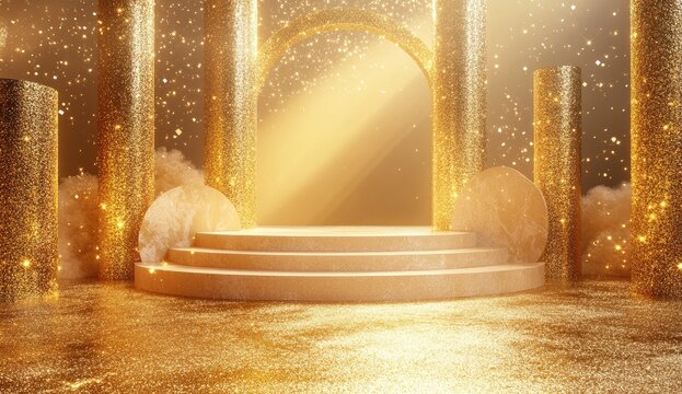Golden pedestal stage with shimmering columns and soft light