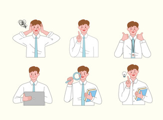 Office worker showing different emotions and actions